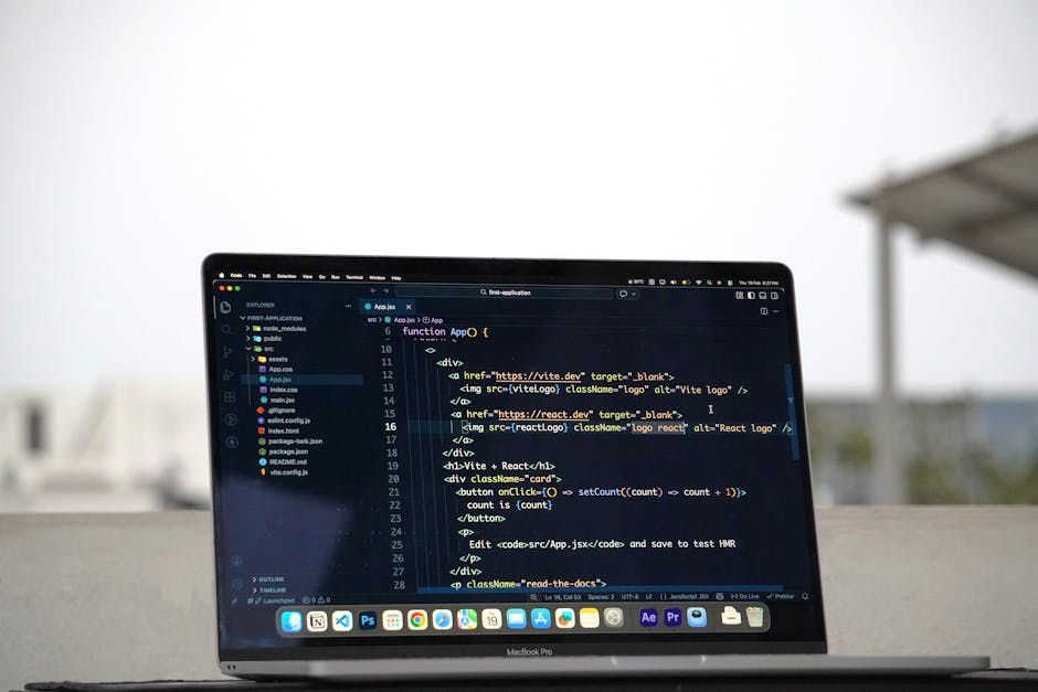 A close-up photograph of a computer screen displaying lines of HTML code in various colors such as blue, orange, yellow, and white. The code includes elements like 'div', 'h1', and 'img' tags, with at